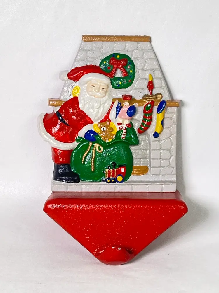 VINTAGE Enesco Cast Iron Christmas Stocking Holder Santa Claus Fireplace Hanger
