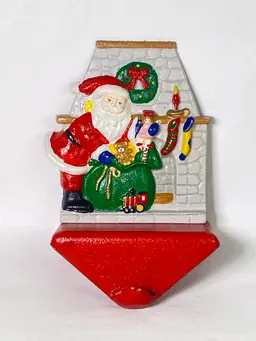 VINTAGE Enesco Cast Iron Christmas Stocking Holder Santa Claus Fireplace Hanger