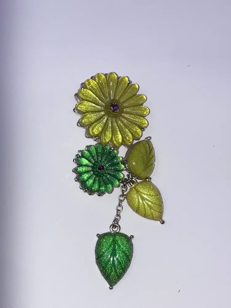 Vintage Floral Brooch With Dangling Leaf 3”x1”