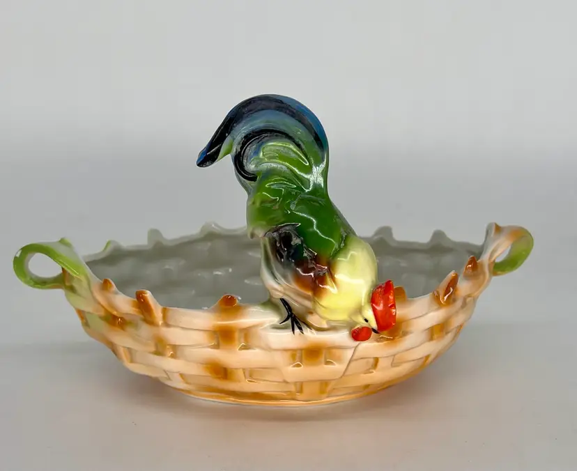 Vintage German Ceramic Rooster Perched On Basket 8”