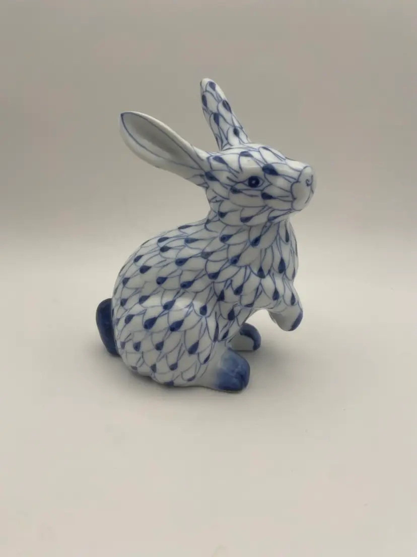Vintage 80's Andrea by Sadek Porcelain Bunny Rabbit Blue White Fishnet NWT
