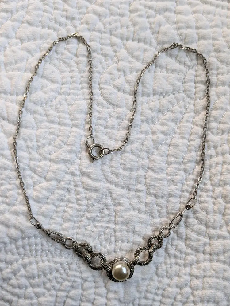 Vintage Silver Tone Marcasite and Freshwater Pearl Necklace