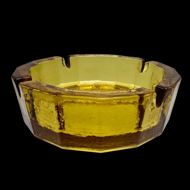 Vintage Blenko MCM Amber Art Glass Ashtray Pebbled with 4 Notch