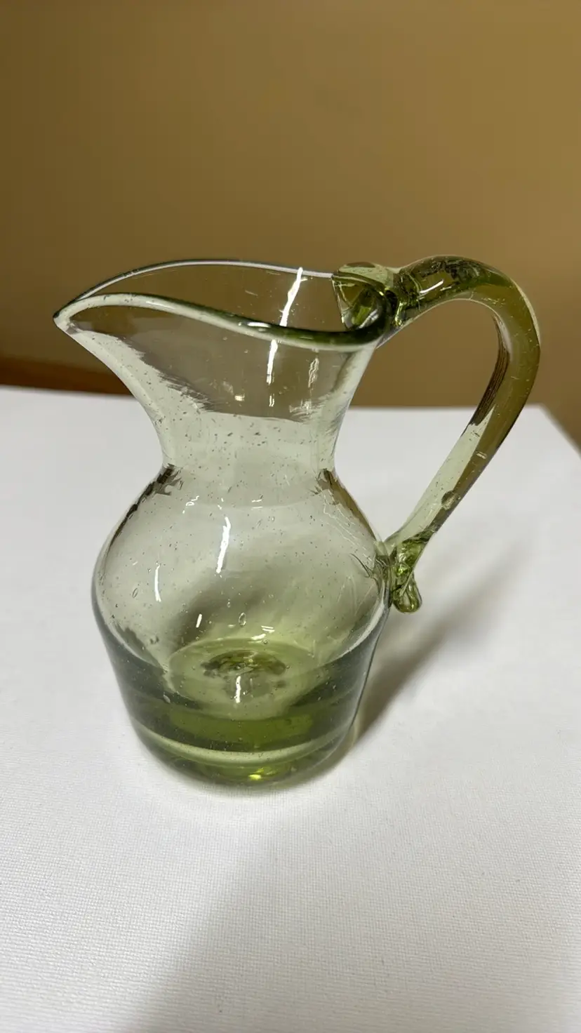 Jamestown Virginia Green Blown Glass Pitcher Applied Handle 5.75” tall