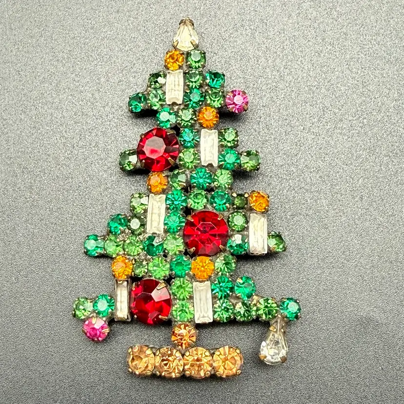 Vintage WEISS Brooch Pin Christmas Tree 6 Candles Candlesticks UV 1950s Holiday