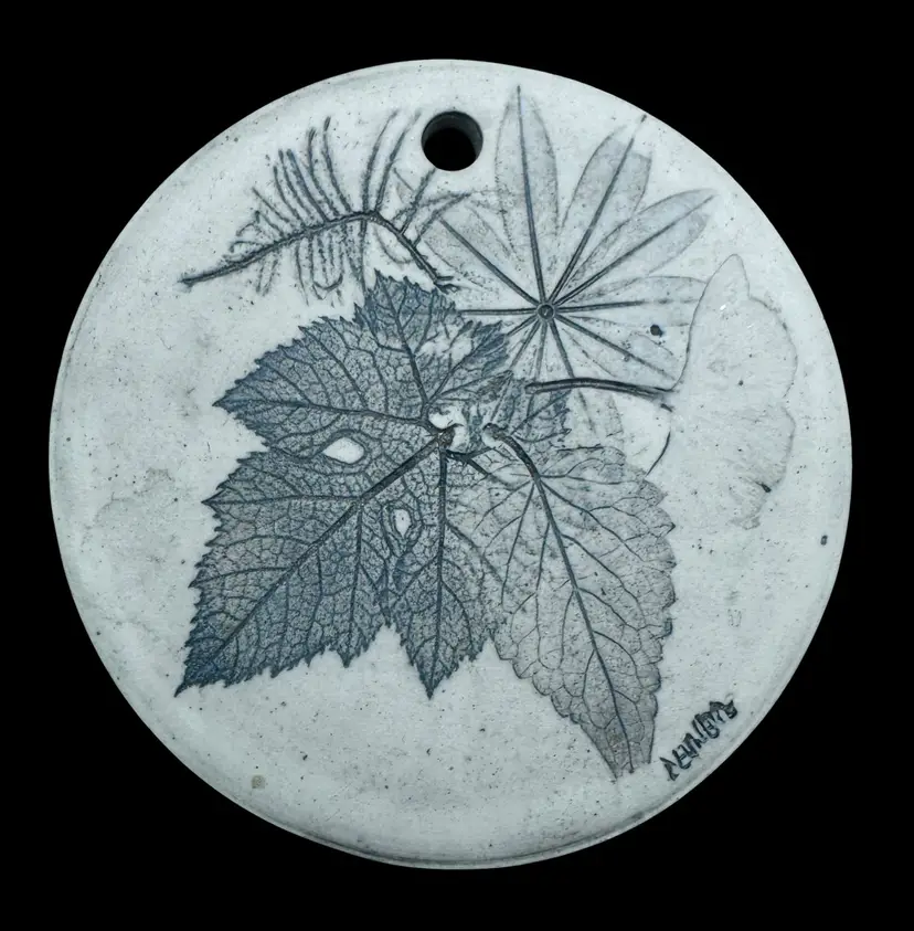 Signed Studio Art Pottery Hanging Ornament Leaf Impression Floral Gray 4.25”