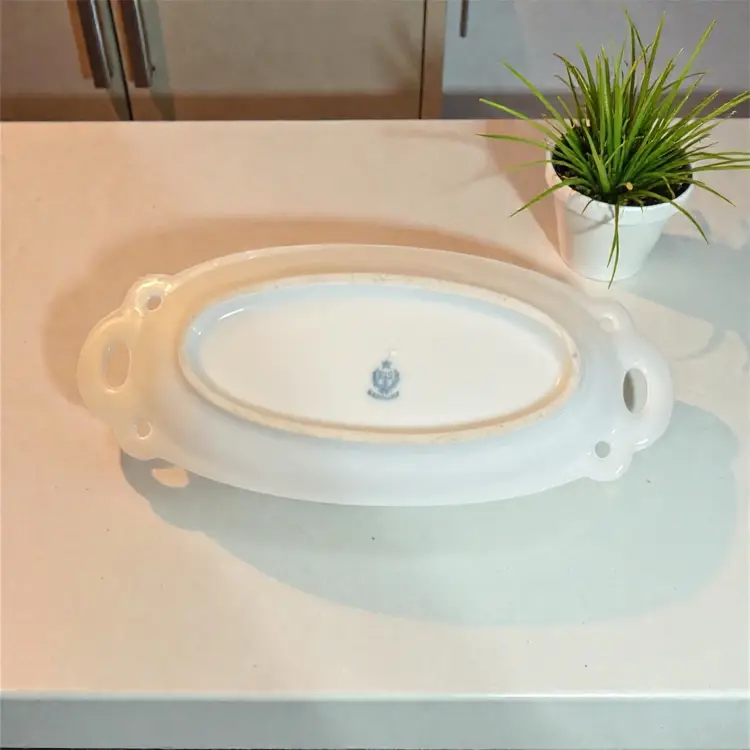 Antique RS Germany Porcelain Snack Plate Upturned Edge Leaf Print Purple Iridescent Edge 8.25”x3.5”