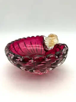 01 - PICK OF THE WEEK - Beautiful Cranberry Murano Bowl With Applied Oro Spiral Sphere, Controlled Bubbles, And Raised Foot 5.25”