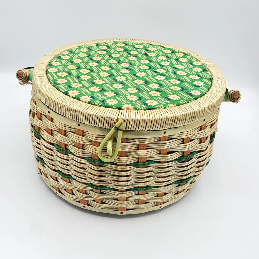 Vintage 1960s Wicker Sewing Basket Singer Mint Green Satin Lined Pin Cushion Top