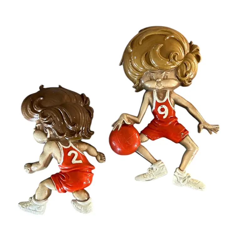 Vintage Sexton Cast Metal Painted Boy Basketball Player and Runner Wall Plaques