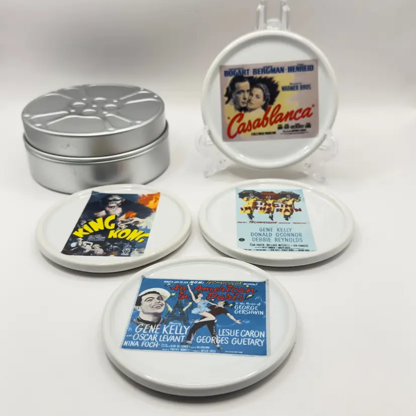 Vintage 2002 Hollywood Movie Barware Coaster, Set of 4, Classic Film Posters, Ceramic with Metal Tin, By Potterybarn, Made in China