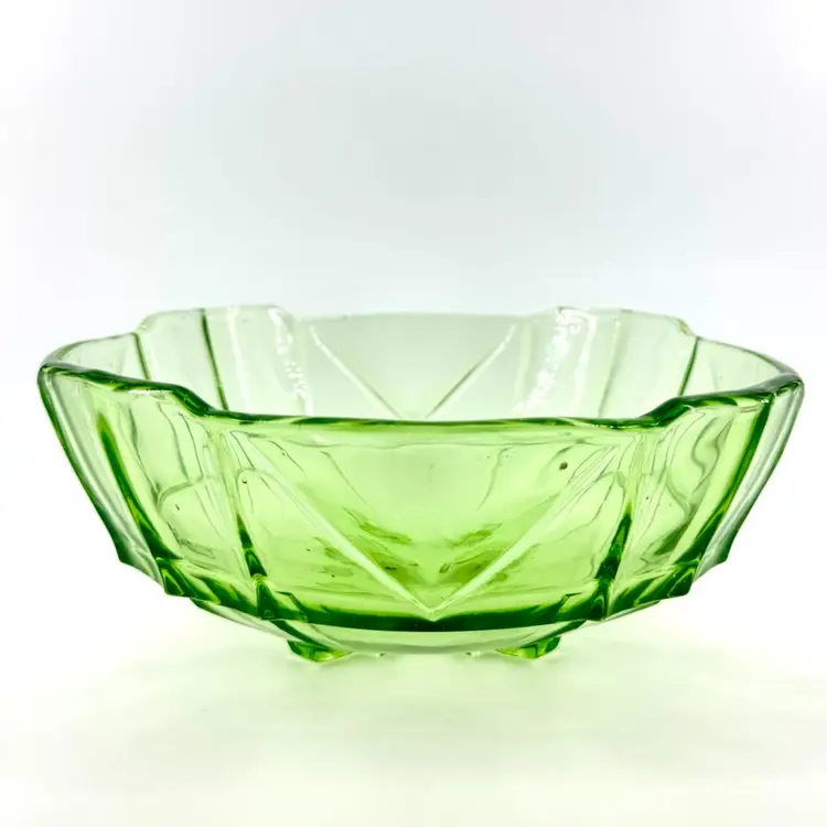 Vintage Sowerby Geometric Deco Style Green Glass Bowl