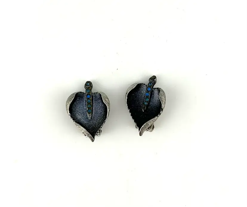 Vintage Silver Tone Blue Leaf Clip-on Earrings 1β