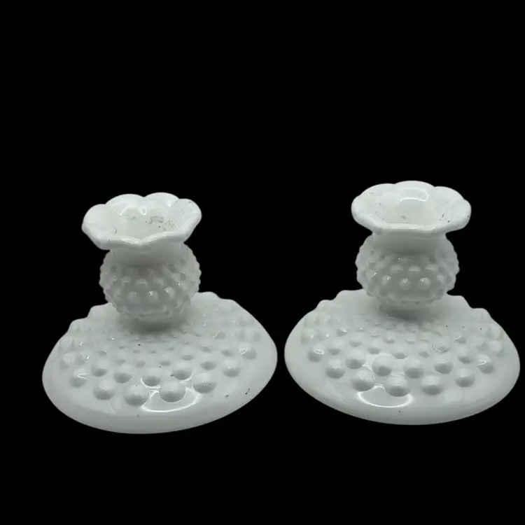 Vintage Pair Of Fenton Hobnail Candle Stick Holders With Deep Red Candles, 3-1/2” High And 4” Wide