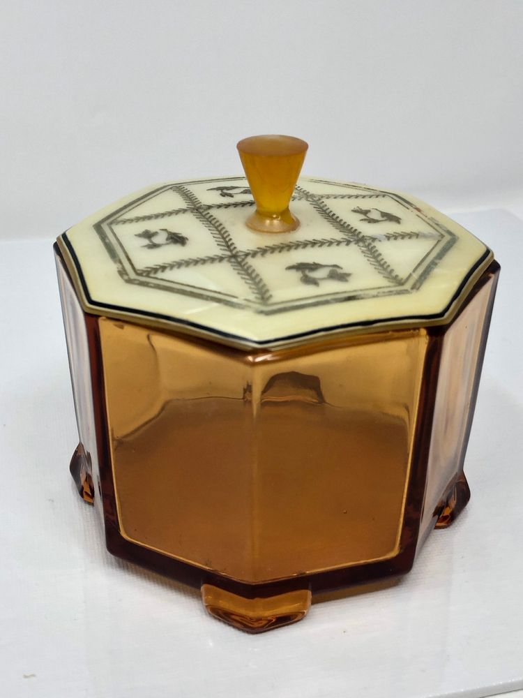 Amber Glass Footed Dresser Jar with Decorative Octagonal Lid