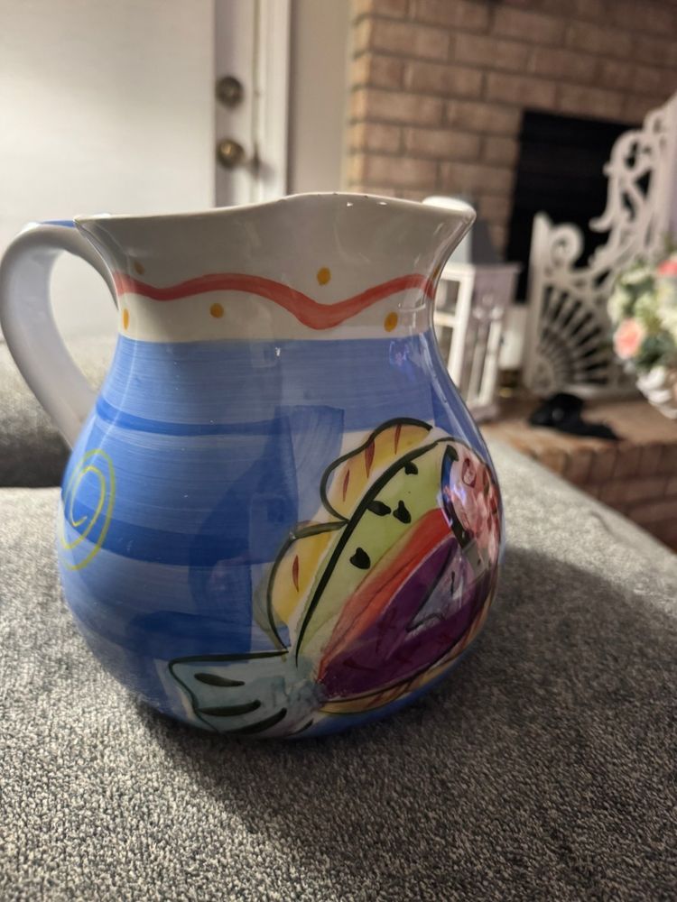 Vintage Hand-Painted Italian Ceramic Pitcher With Colorful Fish Design