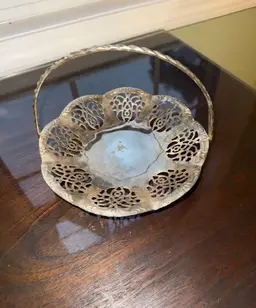 Vintage ornate Silver colored metal Basket with Handle/trinket dish, victorian