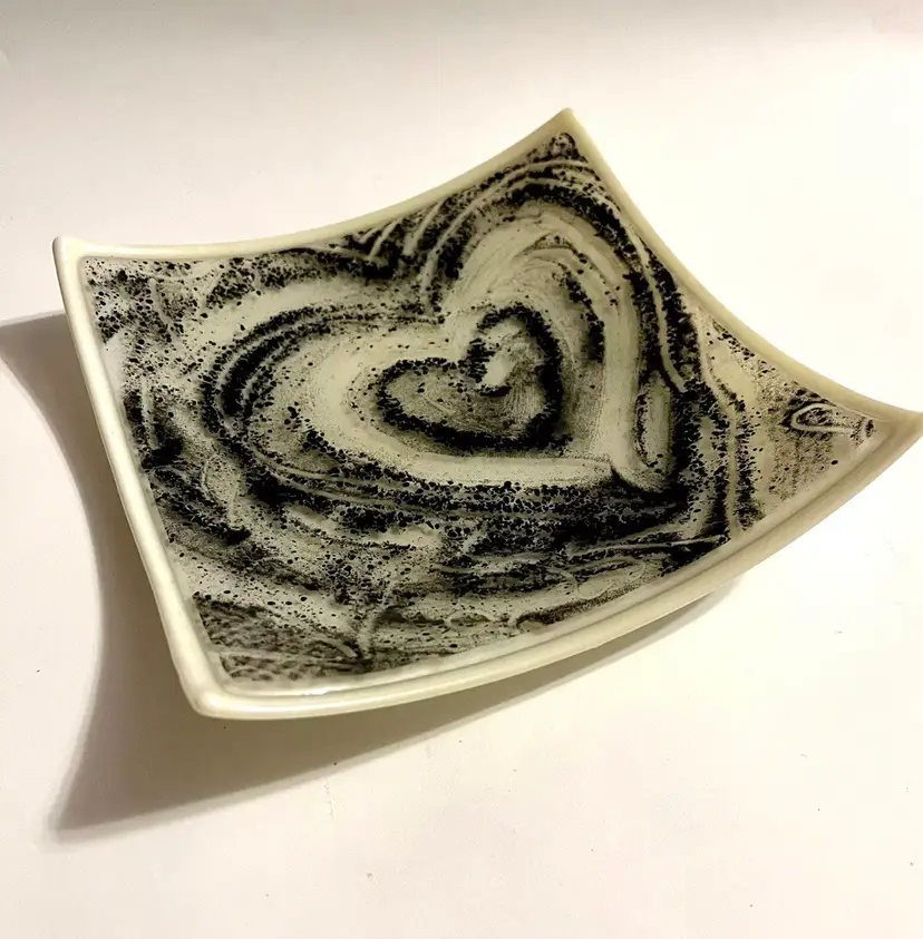 Fused Art Glass 6" Square Plate Trinket Dish Abstract Heart Black and Off White