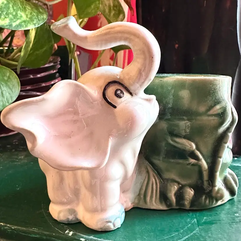 Vintage White Elephant Trunk Up Small Ceramic Planter Marked in Bottom