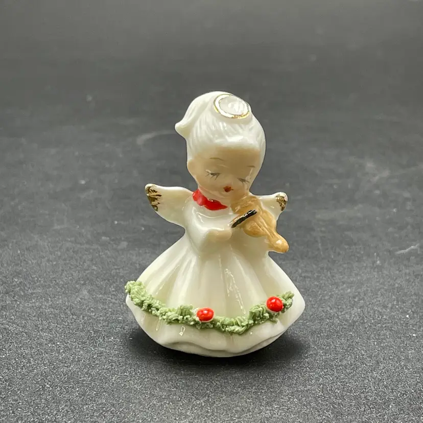 Napco Angel Violin Miniature Figurine Spaghetti Trim Christmas Kitschy VTG