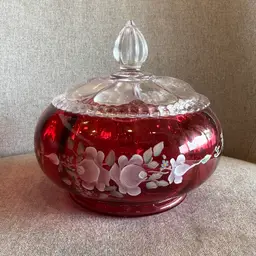 Fenton Cranberry Hand Painted Candy Dish S. Smith
