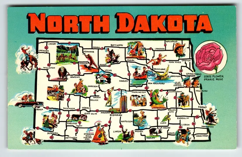 Postcard Greetings From North Dakota Map Chrome State Flower Prairie Rose Unused