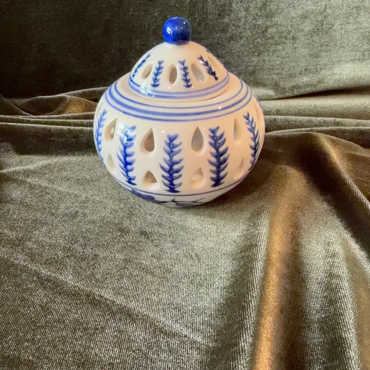 Sylvestri Blue & White Reticulated Ceramic Candle Holder.
