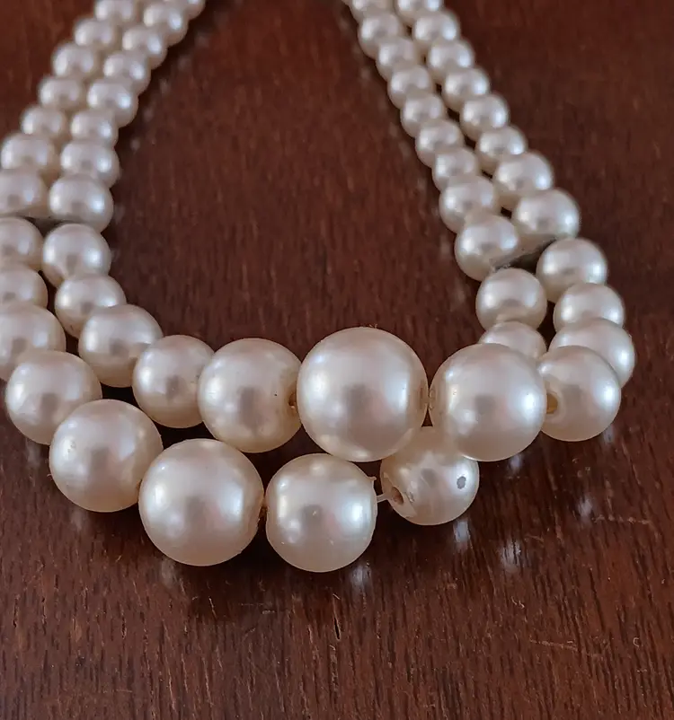 Vintage Double Strand Faux Pearl Bracelet with Rhinestone Clasp