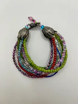 Vintage Boho Chunky Multi Strand Beaded Bracelet Cabbage Rose Ends Colorful 3”