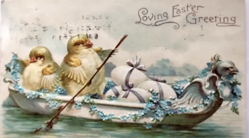 Easter Postcard Fantasy Baby Chicks Row Bird Head Canoe Boat Forget Me Nots 1911