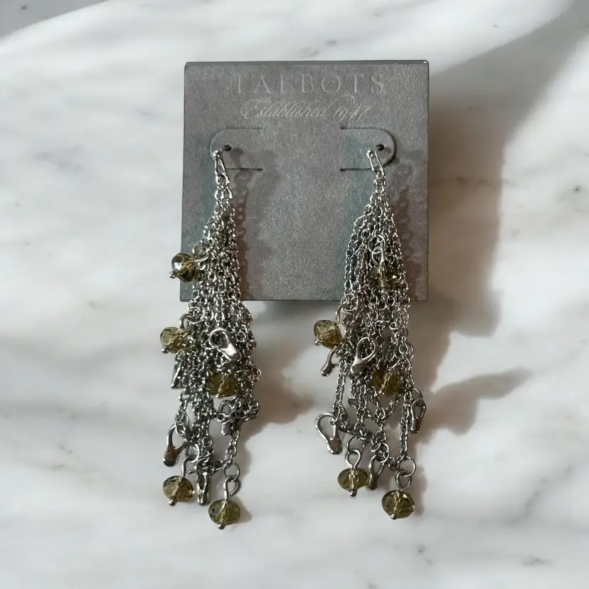 Talbots Dangle Earrings Silver Chain Green Beads New