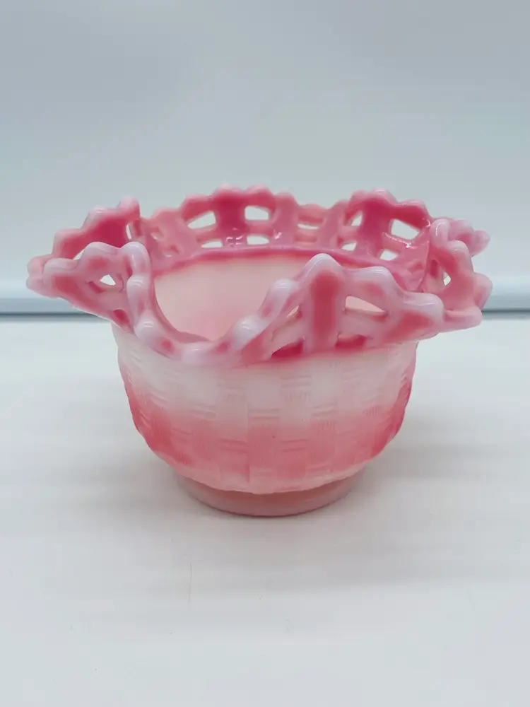 Fenton 3-1/4" Rosalene Reticulated Ruffled Rim Basket Weave Rose Bowl