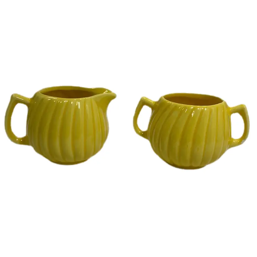 Sunny Yellow Ribbed Cream Sugar Bowl Set Pitcher Cottage Core Mid Century Vintage