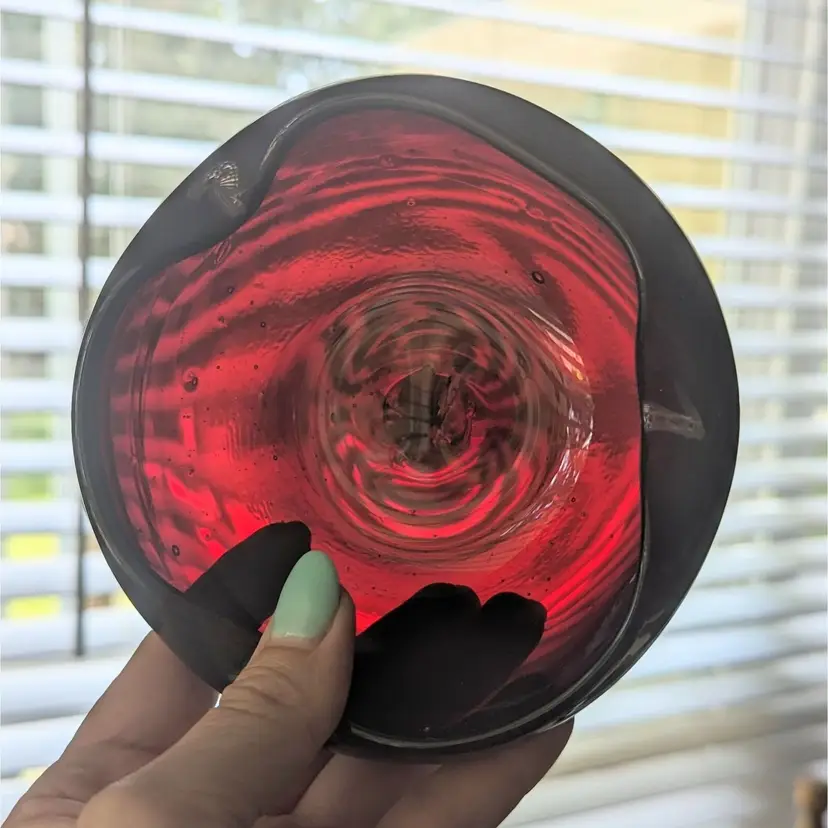 Vintage Red Art Glass Ashtray Candy Dish Hand Blown Bubbles Mid Century