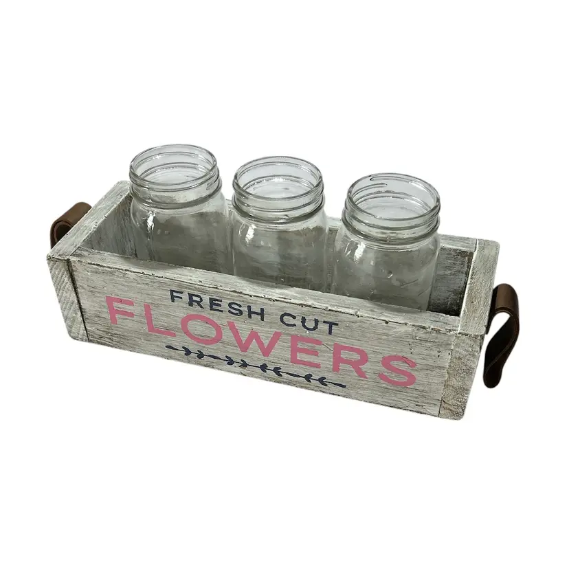 Wooden Rustic White and Gray Fresh Cut Flower Box with Leather Handles and Glass Ball Jars