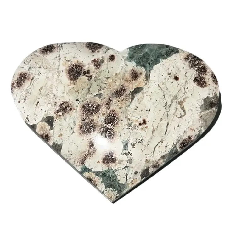 Green Flower Jasper Heart Shaped Flat Paperweight 4”