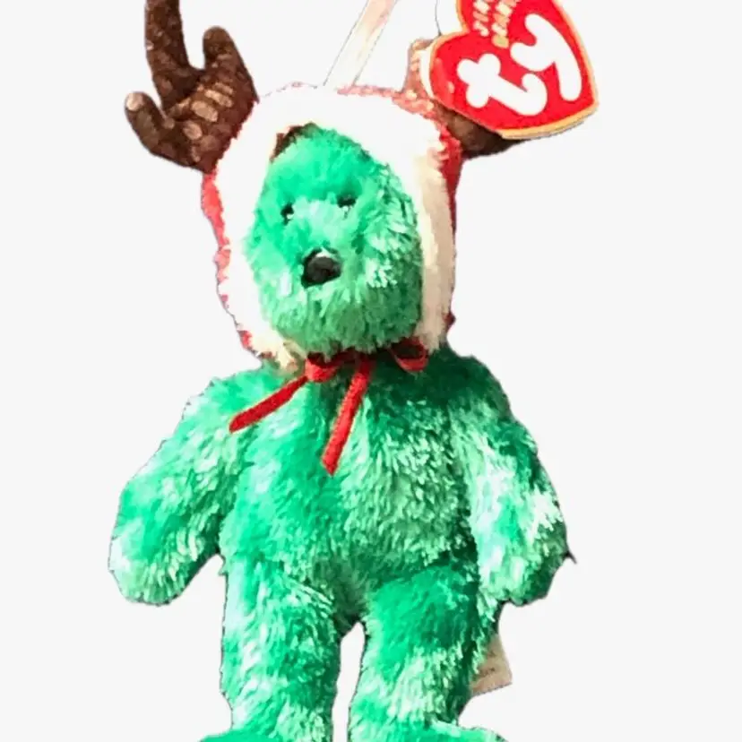 Ty Jingle Beanies Collection 2002 Holiday Teddy Green Red Hat Antlers Ornament Hook