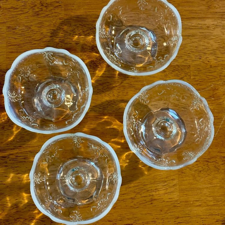 Antique Victorian Era 1850-1910 Opalescent Scalloped Edge Pedestal Serving Dish Set of 4 
4.25”x 3”