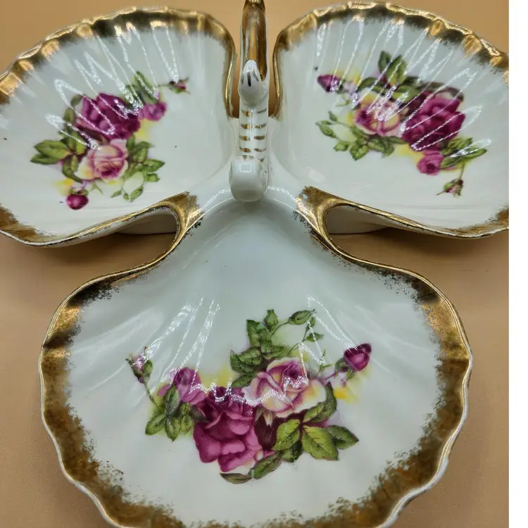 Norcrest 3 Shell "Golden Rose Pink Floral 8" Nappy Dish, Gold Trim, Japan