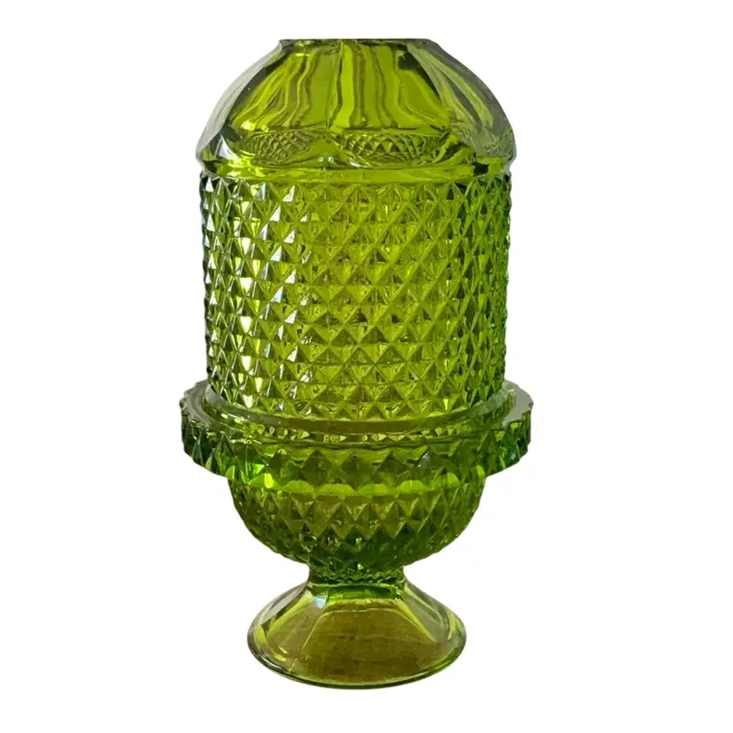 Vintage 2-piece Viking Glass Green Diamond Point Fairy Lamp Light 7” X 4”