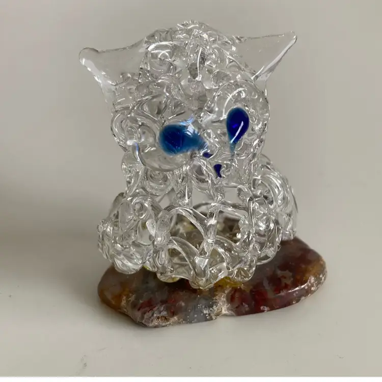 Vintage 1960’s Spun Glass Owl On Polished Agate From Santa Cruz CA Boardwalk