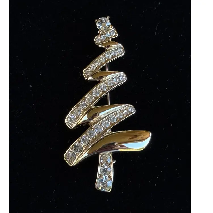 Christmas tree brooch Monet sparkling zigzag rhinestone gold tone
