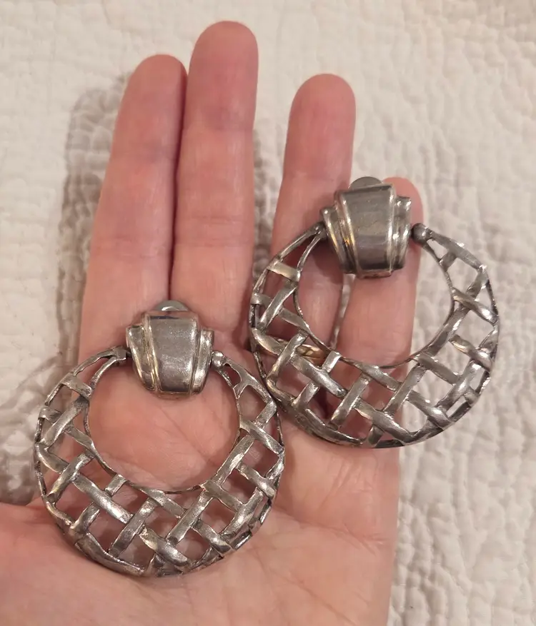 Huge Vintage Mexican Pierced Earring Hoops with Basketweave Design, 950 Sterling Silver