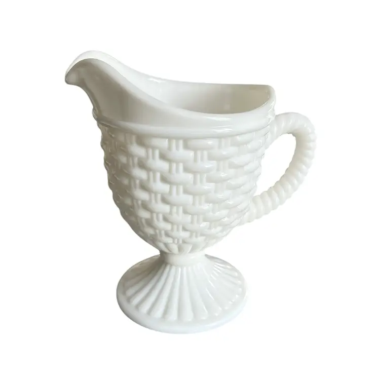 Vintage Imperial White Milk Glass Basket Weave Footed Creamer Pitcher