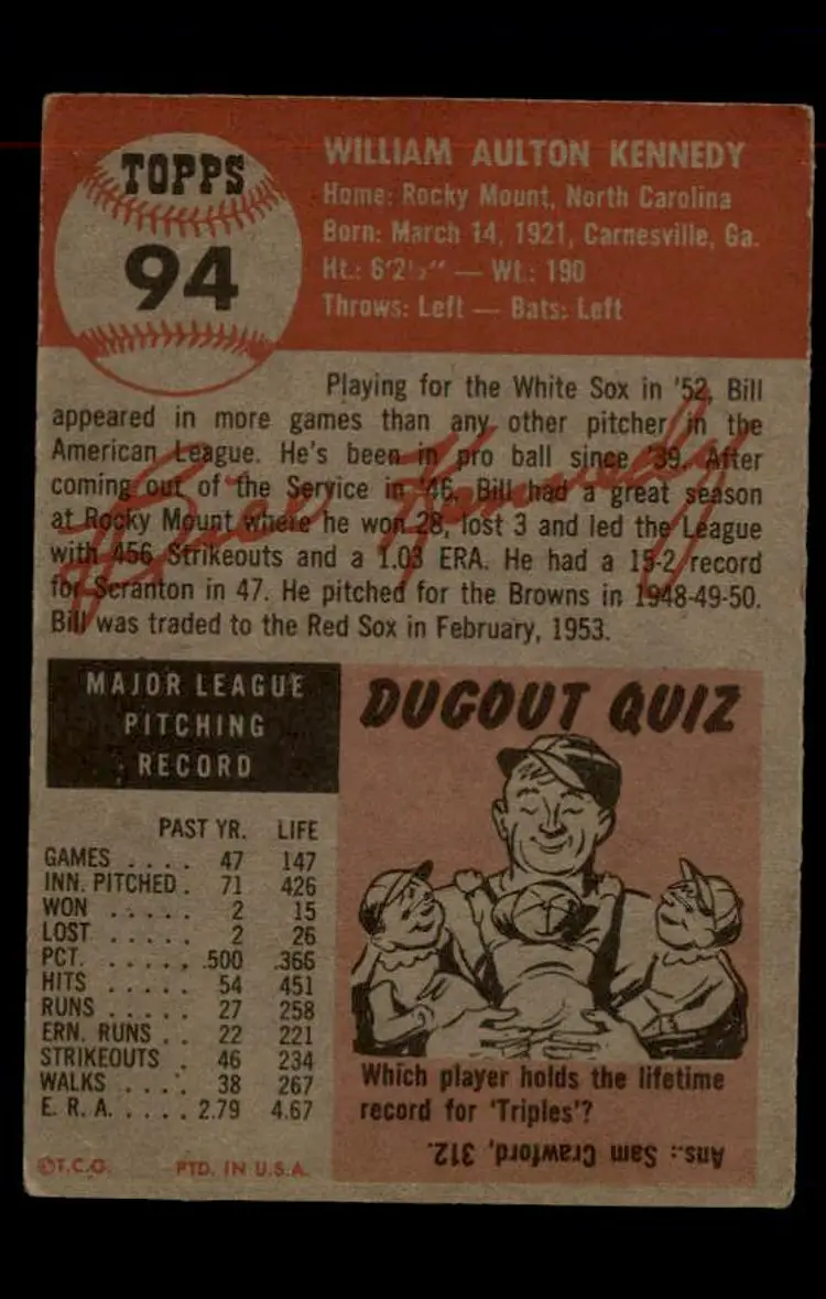 1953 Topps #94 Bill Kennedy - (pk-tl1) - Boston Red Sox