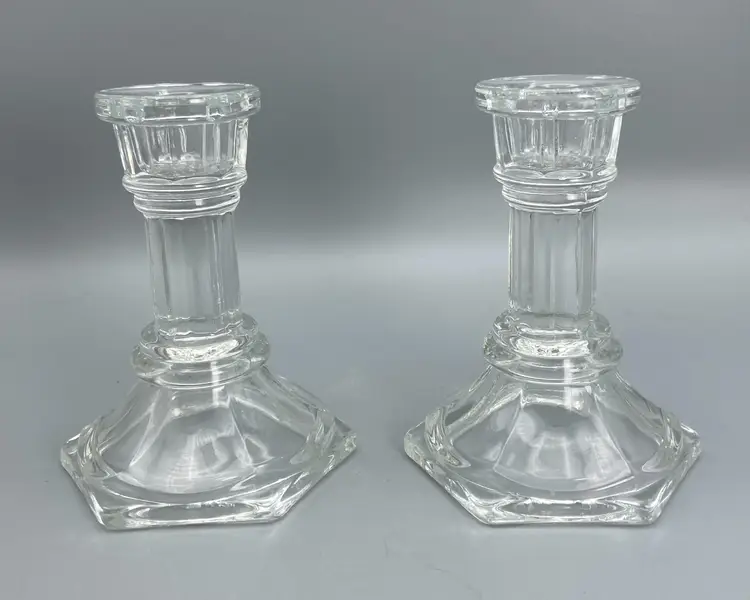 Set of 2 Versatile Clear Glass Candlesticks - Marked F.T.D.A.