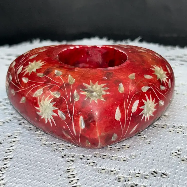 Vintage Red Soap Stone Tea Light Holder Heart Shaped With Hand Carved Flowers And Vines