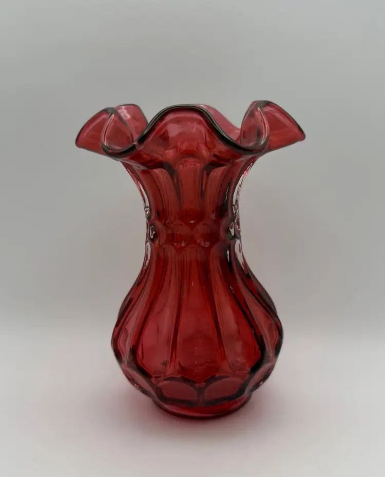 Vintage Fenton Country Cranberry Dot And Flute Ruffled Edge Vase 5in Tall
