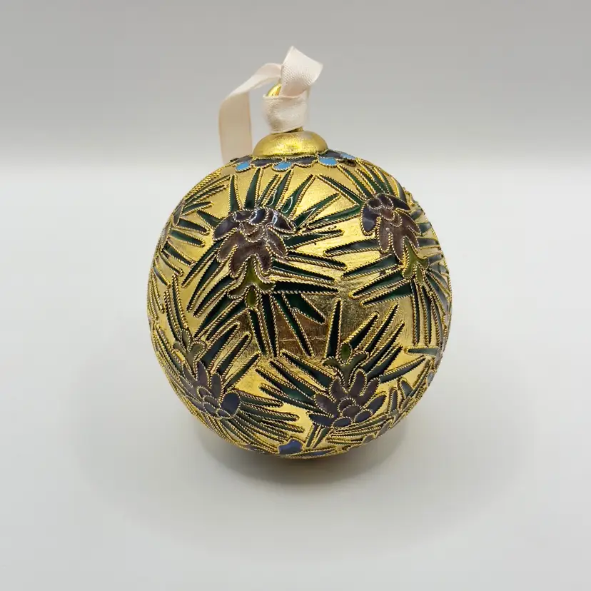 Vintage Christmas Cloisonné Enamel Gold Ornament, Festive Holiday Bird and Pinecone Design, Unbranded