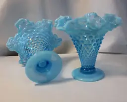 Pair Vintage Fenton Blue Opalescent Double Ruffled Hobnail Vases